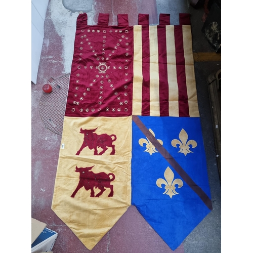 586 - A very large plush heraldic banner of the Navarra region in Spain. In shades of red, yellow and blue... 