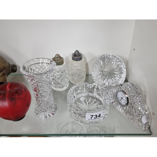 734 - A selection of six crystal items including a Waterford Crystal ashtray and a Tipperary Crystal desk ... 