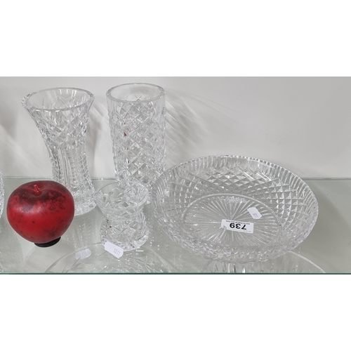 739 - Four beautiful pieces of Waterford crystal including two tall vases and a large dish.