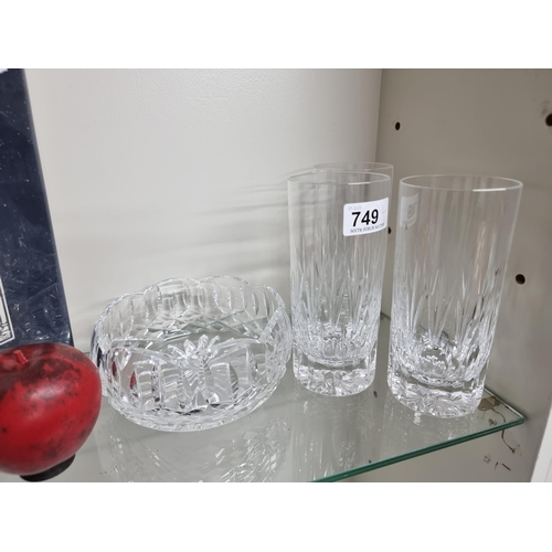 749 - Four crystal items including three tall Stuart Crystal drinking glasses along with a Tipperary Cryst... 