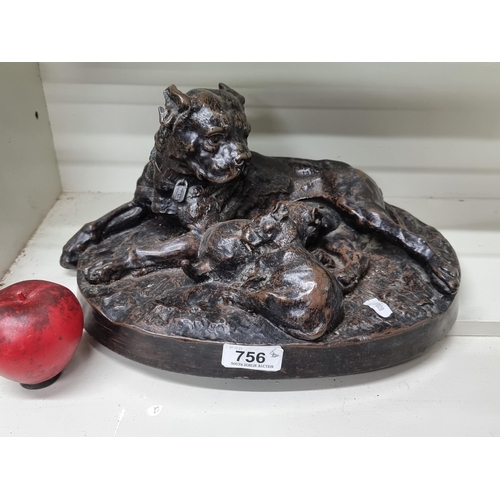 756 - Star Lot : A large beautiful very heavy bronze sculpture of a bull mastiff and her puppies. Signed b... 