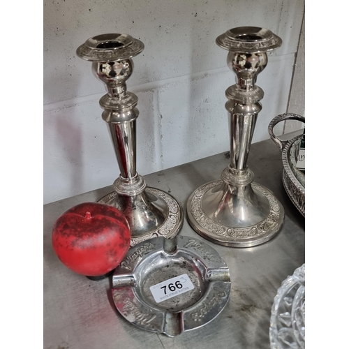 766 - Three vintage silver plated items including a Player's cigarettes ashtray along with a lovely pair o... 