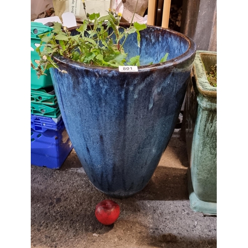 801 - A brilliant very large tall blue glazed garden planter in an unusual conical shape.