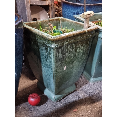 802 - A tall square garden planter in a fabulous sea green glaze.