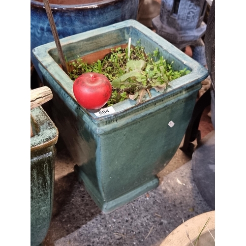 804 - A tall square garden planter in a fabulous sea green glaze.