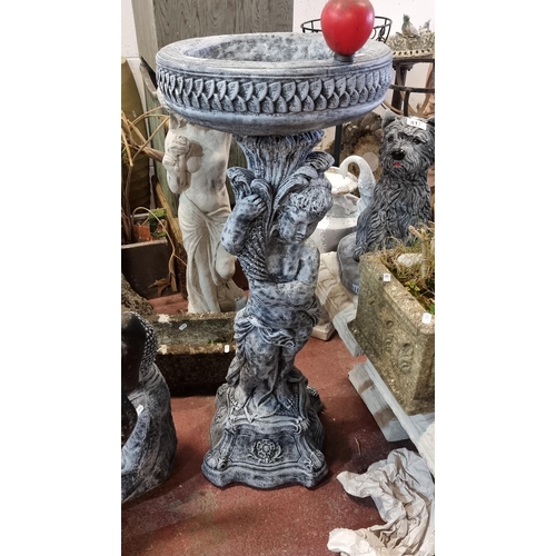 815 - Star Lot : An excellent large reconstituted stone garden bird bath with a cherub forming the pedesta... 