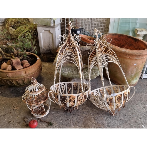 837 - Three wonderful French style garden hanging plant baskets with elaborate woven detailing. All with h... 