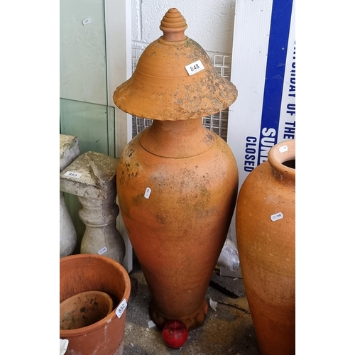 848 - A very large terracotta urn planter with lid. Small loss to rim but a lovely example. H90cm These la... 