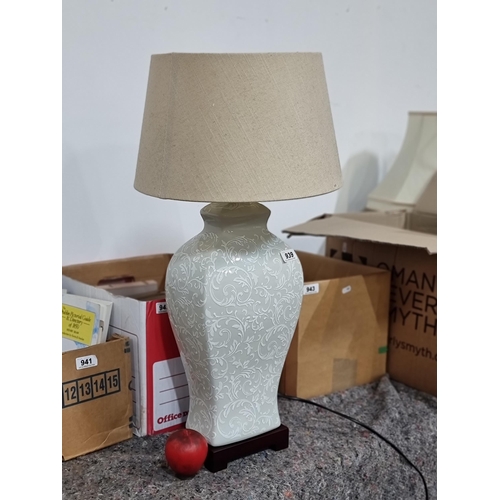 939 - A very chic table lamp with a tall ceramic base decorated in a foliate design, topped with a linen s... 