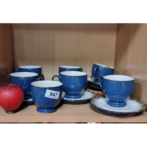 947 - A gorgeous set of Denby ware in the Boston Spa pattern, featuring a rich blue glaze to cups and a st... 