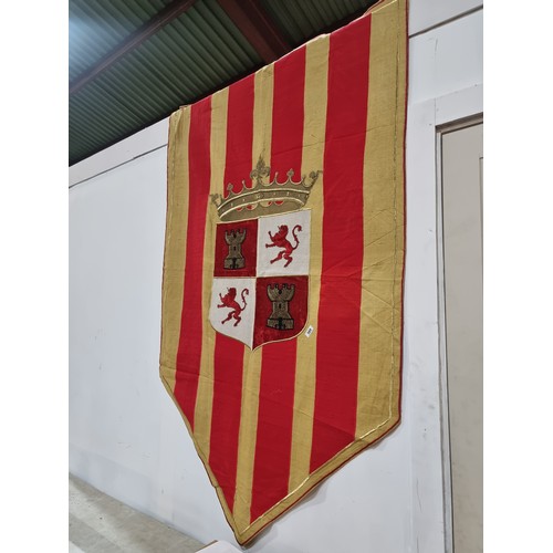 588 - A large heraldic banner featuring the Crown of Castile banner. In shades of red, yellow and finished... 