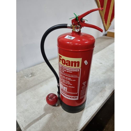 726 - A Commander Foam fire extinguisher. Brand new. Good thing to have in the home or garden.