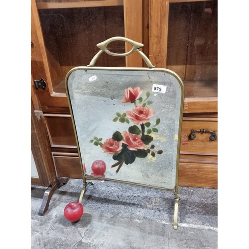 875 - A delightful vintage fire screen with beveled mirror to front featuring a delicate rose motif. Held ... 