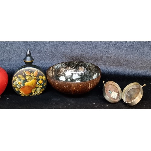 259 - Three items including a mother of pearl inlayed coconut bowl, a small wooden flask with hand-painted... 