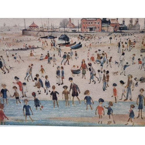 140 - A pair of vintage prints on board of works by the artist L. S. Lowry, housed in cream wooden frames.