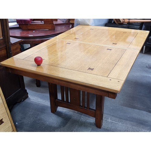 708 - Star lot: A fabulous large antique inlaid golden oak dining table with extendable leaf. Beautifully ... 