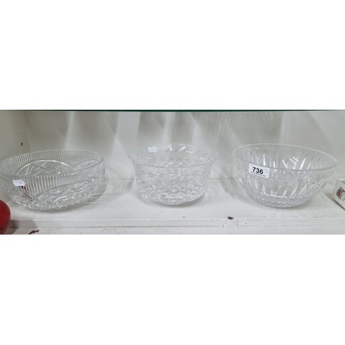 736 - Three fabulous cut crystal bowls including Waterford and Tipperary examples. All in good condition.