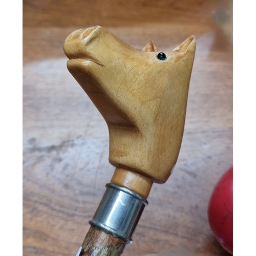 745 - A super very straight Ash wood hiking walking stick featuring a carved horse head to top. Over 5 ft ... 