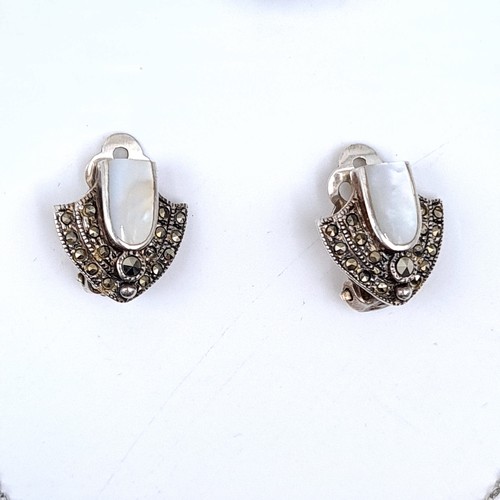 516 - A fine pair of Art Deco Mother of Pearl and Marcasite clasp earrings, a pearl necklace and a sterlin... 