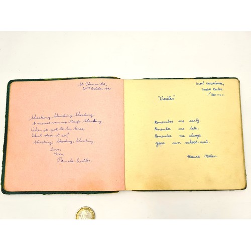 535 - A fully furnished antique autograph book, circa 1940's. Each page set with a message or rhyme and si... 