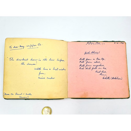 535 - A fully furnished antique autograph book, circa 1940's. Each page set with a message or rhyme and si... 