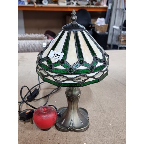 191 - A wonderful Tiffany style table lamp with an Art Nouveau style stem and a glass shade.