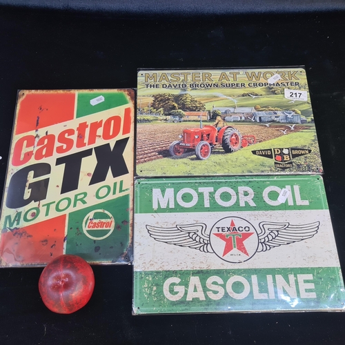 217 - Three metal plaques of motor interest advertising Castrol and Texaco motor oil brands as well as Dav... 