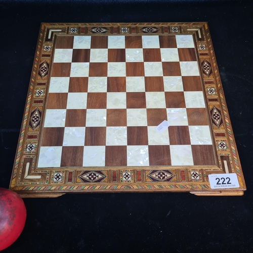 222 - Super Intricate inlaid chess board, featuring mother-of-pearl detailing and rich oak base with decor... 