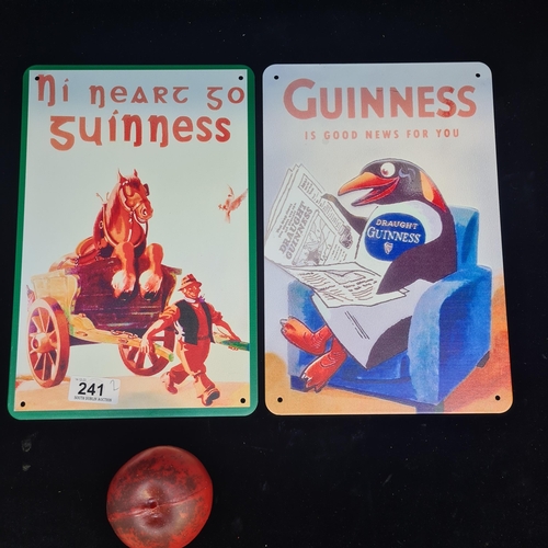 241 - Two vibrant Guinness advertising metal plaques featuring the brand's iconic characters.