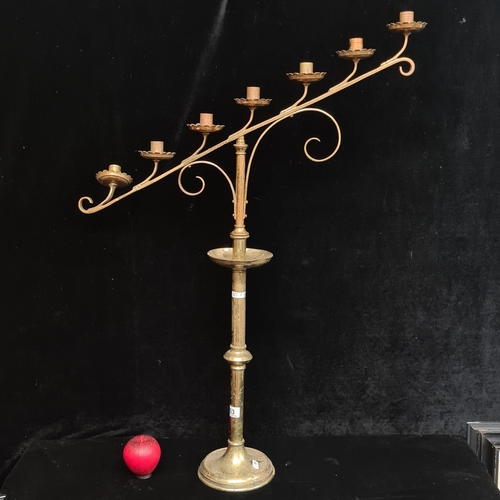 253 - A fabulous Antique Church  brass ecclesiastical candelabra with 7 candle trays with wax catchers. A ... 