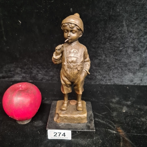 274 - A fabulous heavy bronze sculpture of a whimsical young boy smoking, resting on a marble base. Signed... 