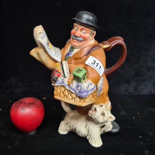 311 - Quirky hand-painted collectible teapot, vibrant colors, with whimsical human and cat figures, perfec... 