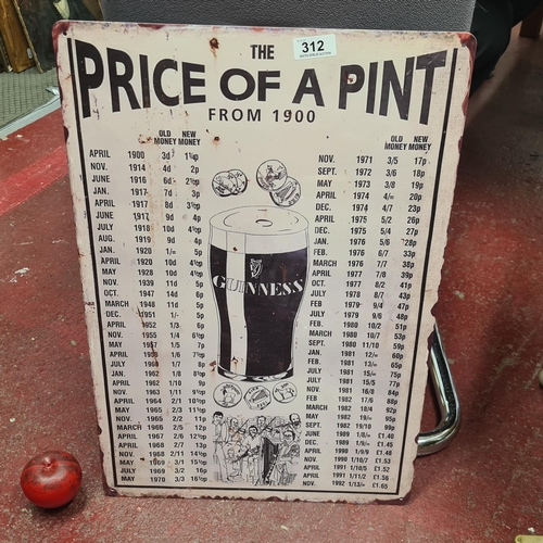 312 - A large metal Guinness advertisement sign, showcasing a fascinating history of A prices for a pint o... 