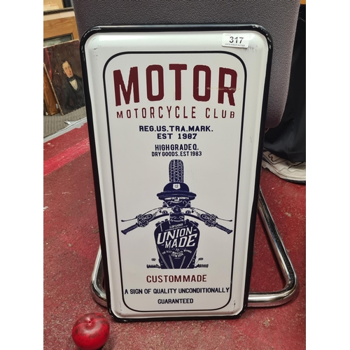 317 - A large metal Motorcycle Club advertising sign featuring bold graphics emblematic of motorcycle cult... 