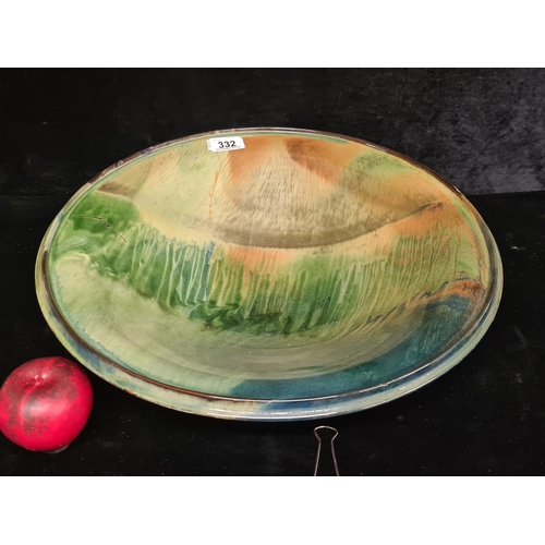 332 - A very large and striking glazed studio art pottery terracotta centre piece fruit bowl. Attractive g... 