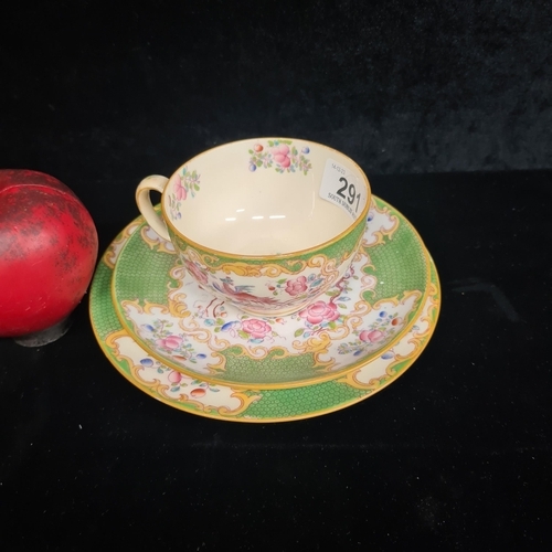 291 - A gorgeous porcelain teacup trio set by Minton's, adorned with floral motifs and gold accents. In go... 