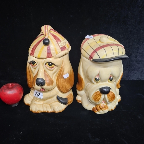 292 - Two adorable ceramic dog biscuit barrels by Price Kensington with a playful design.