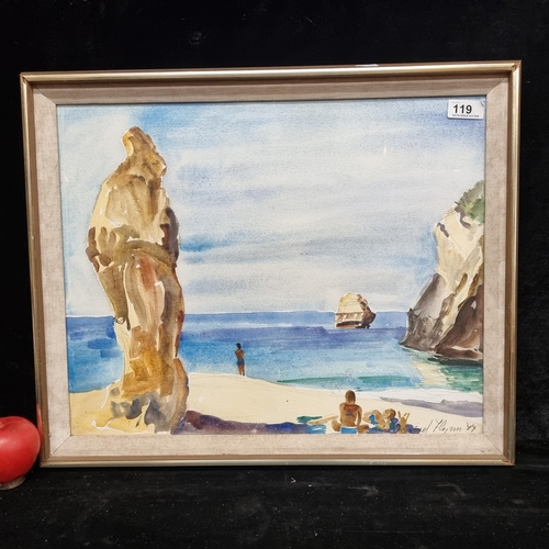 119 - A bright original watercolour on paper painting featuring a seascape scene and bathers. Signed Flynn... 