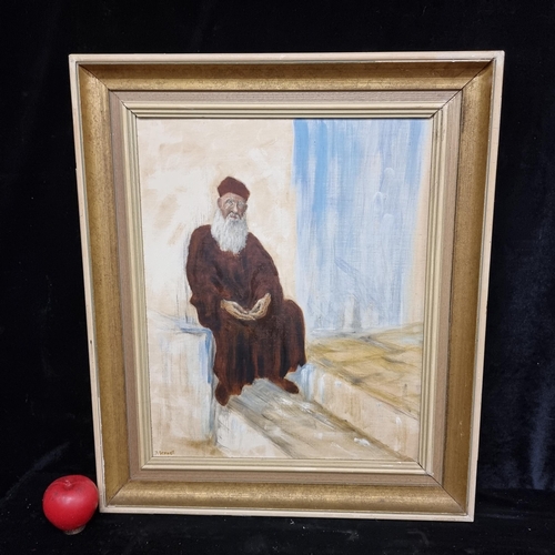 121 - A calming original oil on board painting featuring a Greek Orthodox Monk seated at a monastery in Co... 