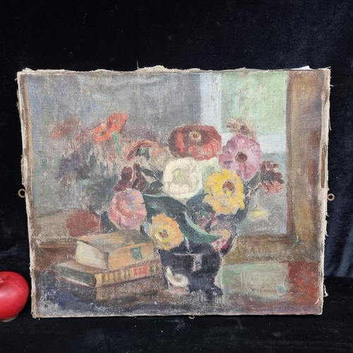 125 - A fabulous original 1924 antique oil on canvas painting featuring a still life of books and flowers.... 