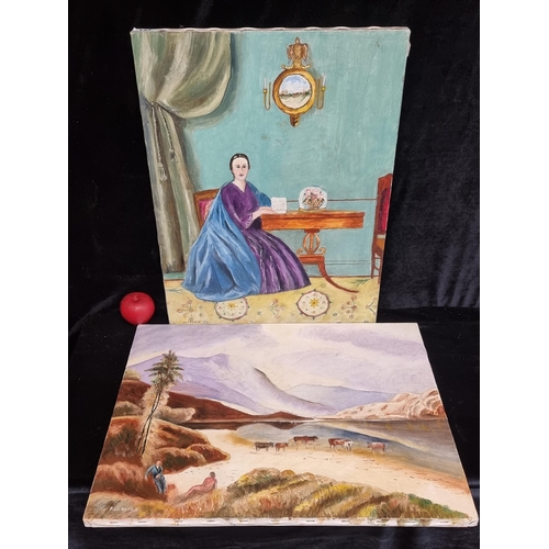 127 - Two original oil on canvas paintings of a coastal landscape and grand interior scenes. Both signed b... 