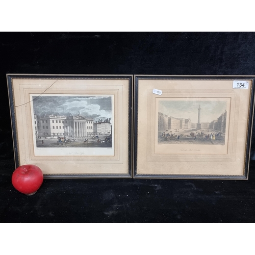 134 - A pair of vintage hand coloured prints of engravings featuring Dublin scenes. Housed in black and gi... 