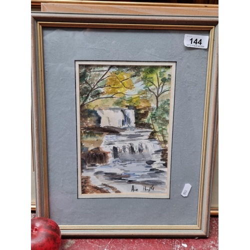 144 - A delightful original watercolour on paper painting featuring a rural landscape scene of a waterfall... 