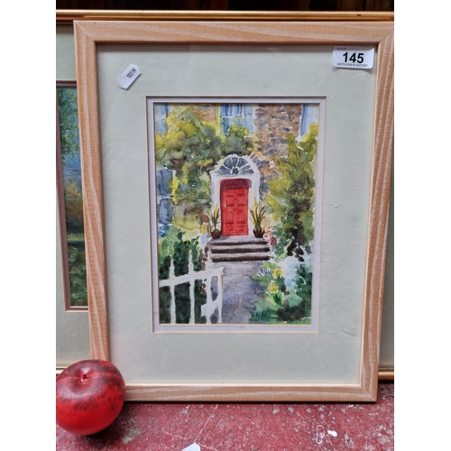 145 - A lovely original watercolour on paper painting featuring a view down a mature front garden up to a ... 