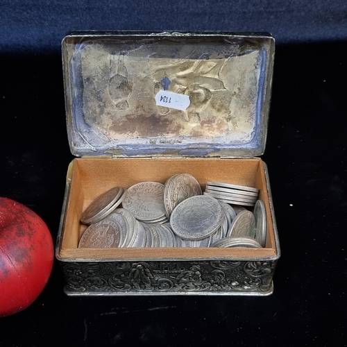 160 - A large collection of assorted reproduction rare coins set in a continental designed metal casket. D... 