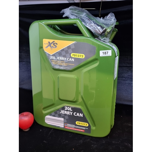 187 - A brand new heavy duty steel Auto XS 20L jerry can with funnel.