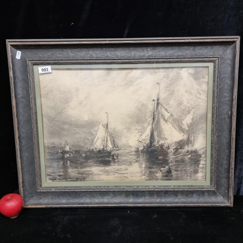 93 - An early 20th century original charcoal on paper artwork featuring a maritime study of ships at sea.... 