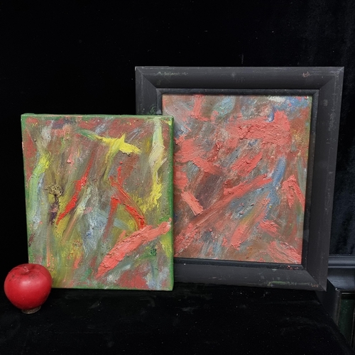 95 - Two original impasto oil on canvas paintings featuring a neon colour palette. One housed in a black ... 