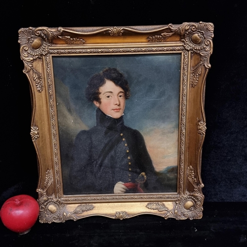 97 - Star Lot: A fabulous antique oil on canvas painting circa 1820. Features a young Irish Officer in fu... 