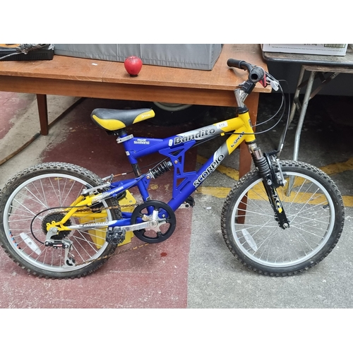 419 - A children's Bandito Scorpio 6 Speed bicycle. With dual suspension and Shimano equipment. Frame size... 